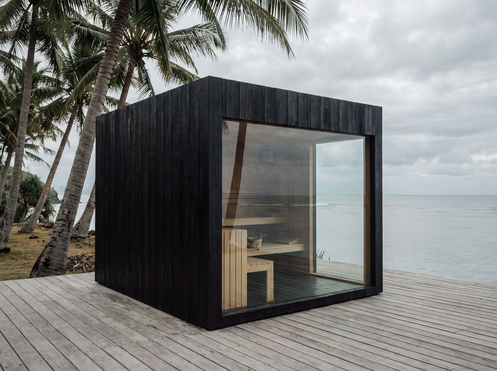 Cube sauna cabin in charred black timber with a full-height glass wall facing the sea