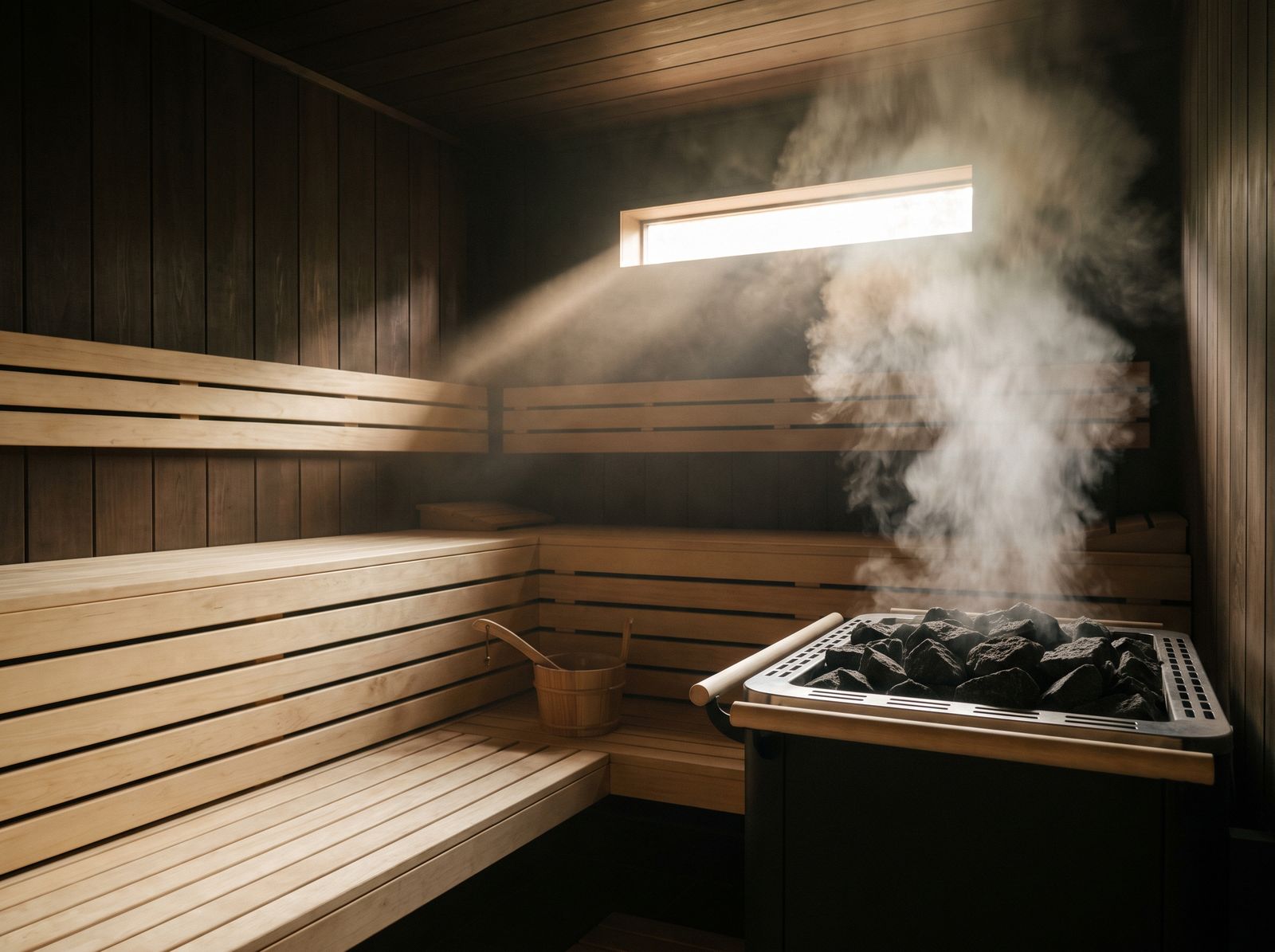 Interior of a cedar sauna with a black heater full of volcanic stones and a burst of steam