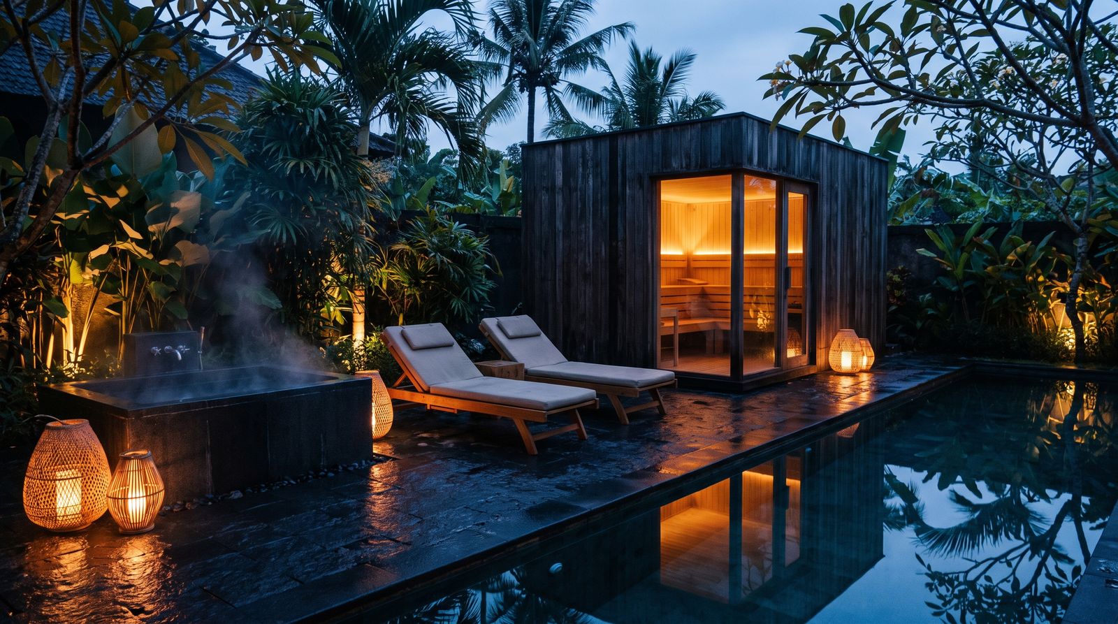 Complete outdoor wellness zone at dusk with a glowing sauna cabin, cold plunge and teak loungers